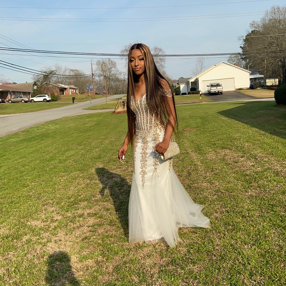 WHITE AND GOLD JOVANI 2020 PROM GOWN/ DRESS
